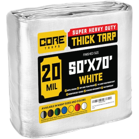 Core Tarps Heavy Duty Tarp, 70 ft L x 0.5 mm H x 50 ft W, 20 Mil, White, Polyethylene CT-704-50X70